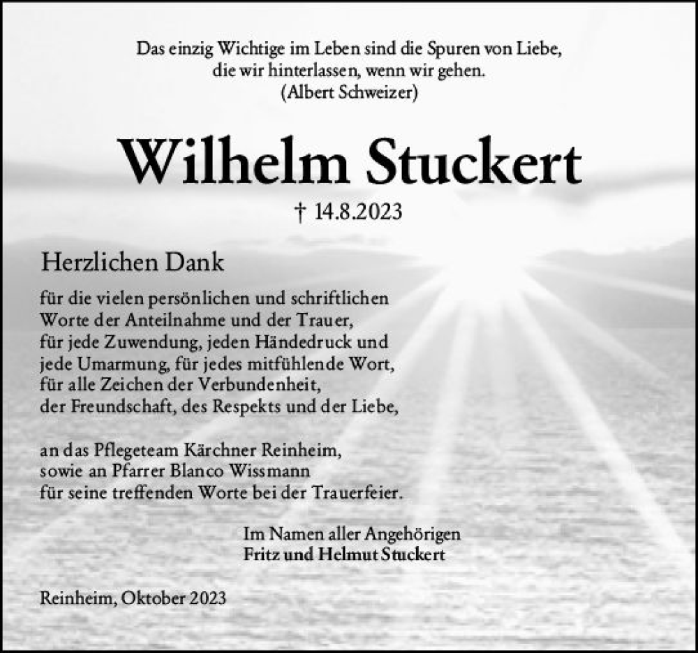  Traueranzeige für Wilhelm Stuckert vom 21.10.2023 aus Darmstädter Echo