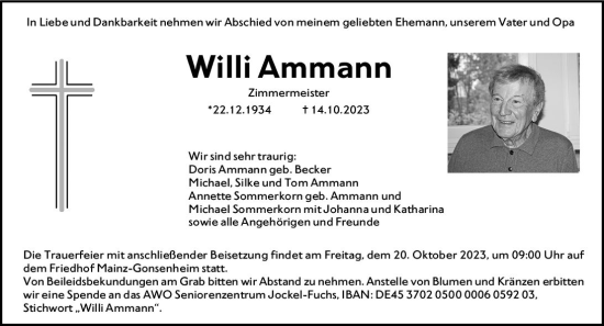 Traueranzeige von Willi Ammann von Allgemeine Zeitung Mainz