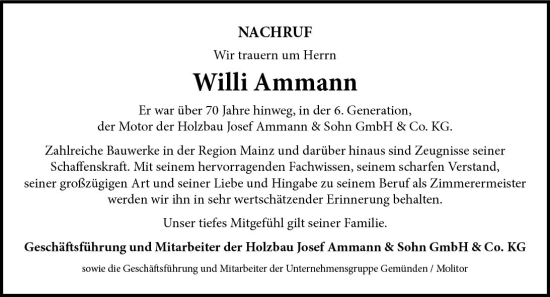 Traueranzeige von Willi Ammann von Allgemeine Zeitung Mainz