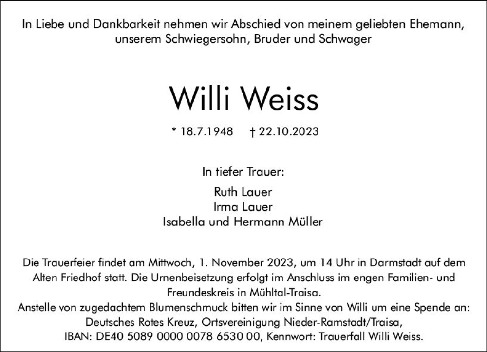  Traueranzeige für Willi Weiss vom 28.10.2023 aus Darmstädter Echo