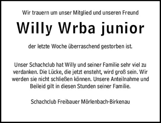 Traueranzeige von Willy Wrba Junior von Südhessen Morgen