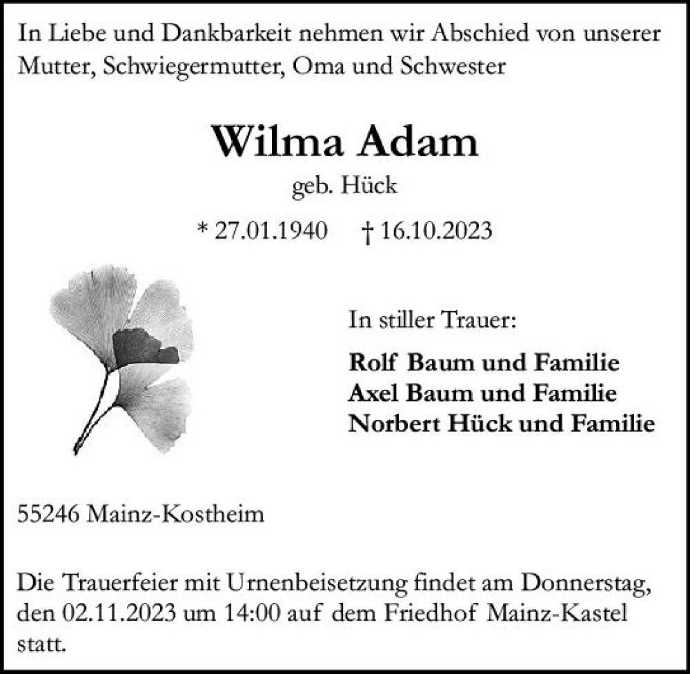  Traueranzeige für Wilma Adam vom 28.10.2023 aus Allgemeine Zeitung Mainz
