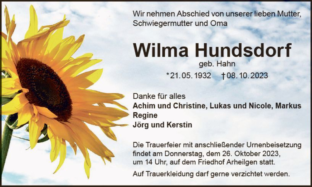 Traueranzeige für Wilma Hundsdorf vom 21.10.2023 aus Darmstädter Echo