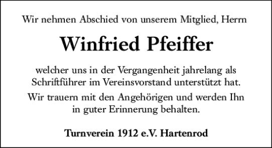 Traueranzeige von Winfried Pfeiffer von Hinterländer Anzeiger