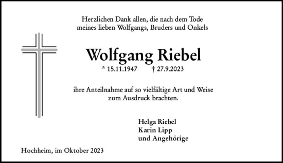 Traueranzeige von Wolfgang Riebel von Hochheimer Zeitung