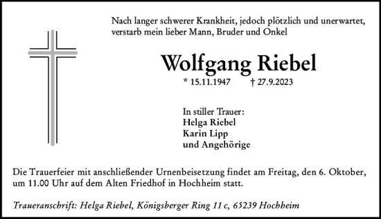 Traueranzeige von Wolfgang Riebel von Allgemeine Zeitung Mainz