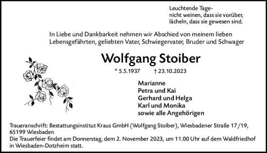Traueranzeige von Wolfgang Stoiber von Wiesbadener Kurier