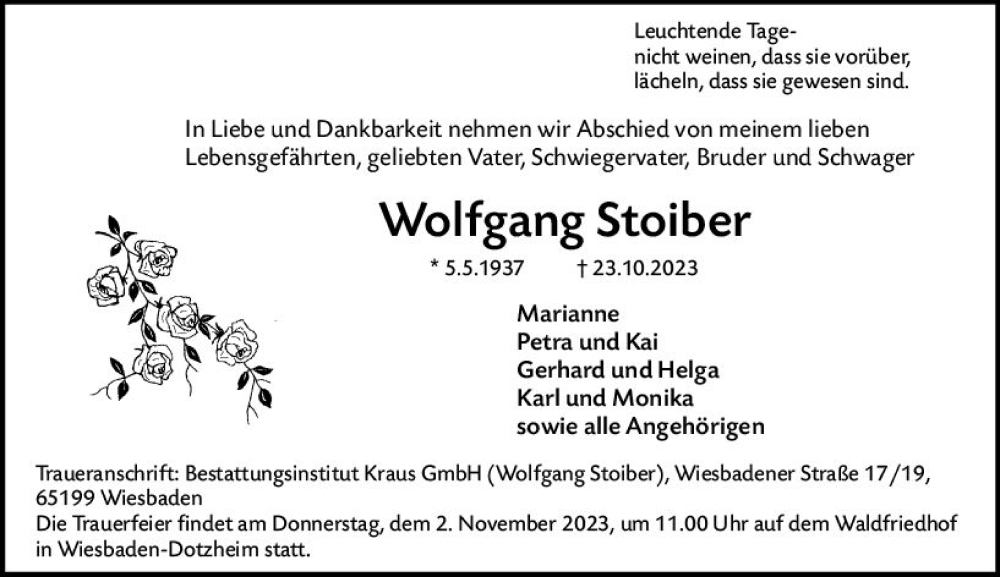 Traueranzeige für Wolfgang Stoiber vom 28.10.2023 aus Wiesbadener Kurier