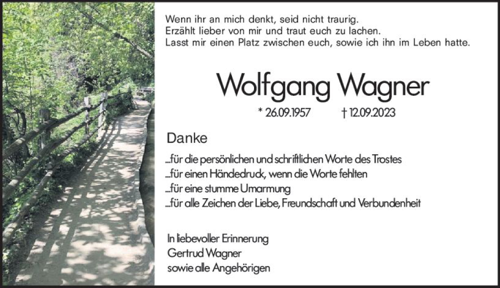  Traueranzeige für Wolfgang Wagner vom 21.10.2023 aus Wormser Zeitung