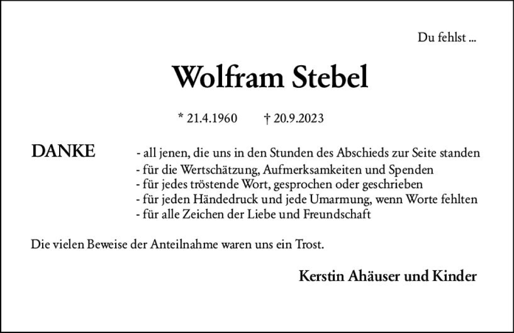  Traueranzeige für Wolfram Stebel vom 28.10.2023 aus Wetzlarer Neue Zeitung