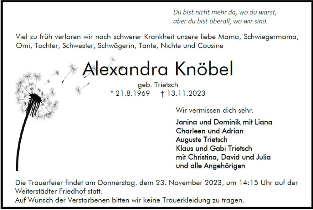  Traueranzeige für Alexandra Knöbel vom 20.11.2023 aus Darmstädter Echo