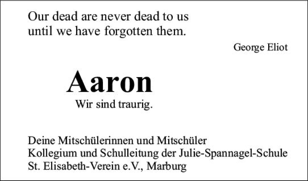  Traueranzeige für Aaron  vom 30.11.2023 aus Hinterländer Anzeiger