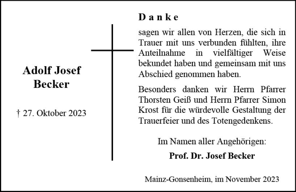  Traueranzeige für Adolf Josef Becker vom 18.11.2023 aus Allgemeine Zeitung Mainz