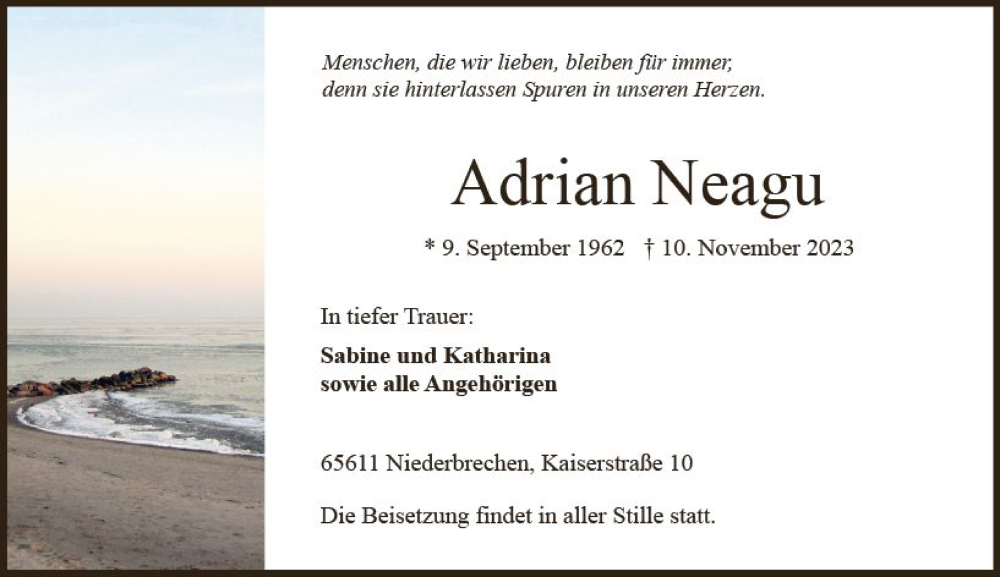  Traueranzeige für Adrian Neagu vom 16.11.2023 aus Camberger Anzeiger