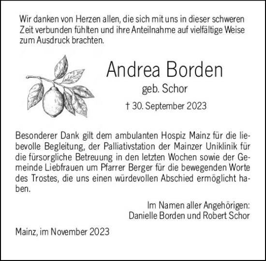 Traueranzeige von Andrea Borden von Allgemeine Zeitung Mainz