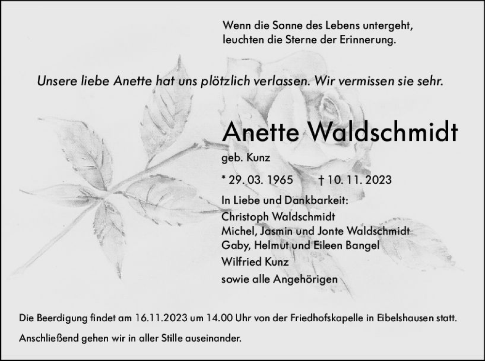  Traueranzeige für Anette Waldschmidt vom 14.11.2023 aus Dill Block