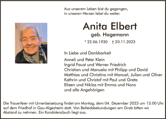 Traueranzeige von Anita Elbert von Allgemeine Zeitung Bingen/Ingelheim