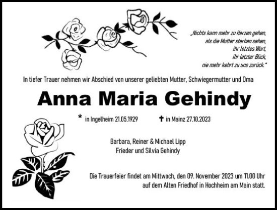 Traueranzeige von Anna Maria Gehindy von Allgemeine Zeitung Alzey