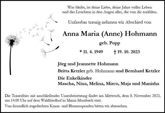 Traueranzeige von Anna Maria  Hohmann von Allgemeine Zeitung Mainz