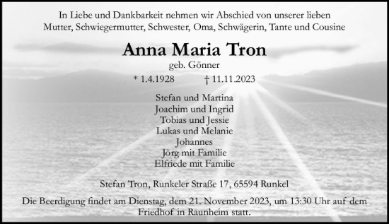 Traueranzeige von Anna Maria Tron von Rüsselsheimer Echo