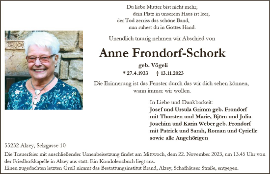 Traueranzeige von Anne Frondorf-Schock von Allgemeine Zeitung Alzey