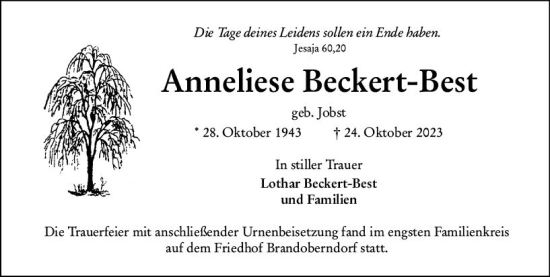 Traueranzeige von Anneliese Beckert-Best von Wetzlarer Neue Zeitung