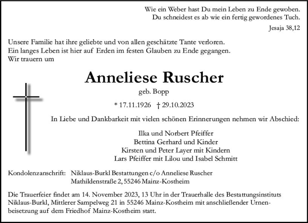  Traueranzeige für Anneliese Ruscher vom 08.11.2023 aus Wiesbadener Kurier