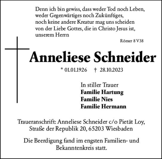 Traueranzeige von Anneliese Schneider von Wiesbadener Kurier