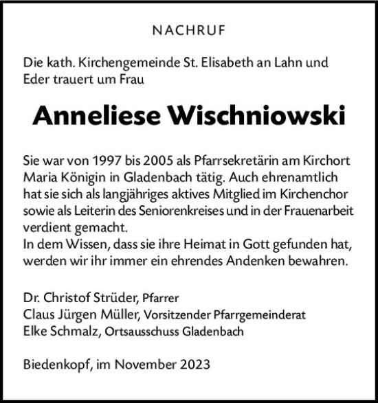 Traueranzeige von Anneliese Wischniowski von Hinterländer Anzeiger