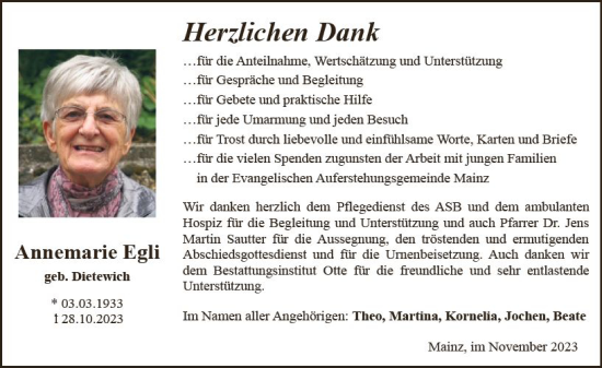 Traueranzeige von Annemarie Egli von Allgemeine Zeitung Mainz