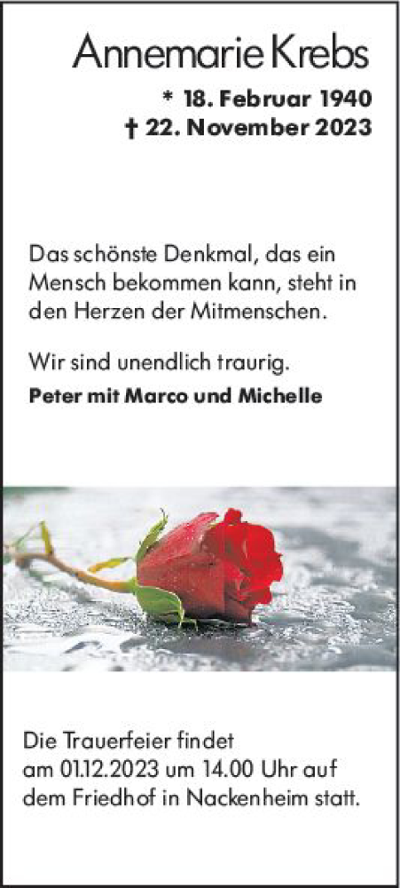  Traueranzeige für Annemarie Krebs vom 28.11.2023 aus Allgemeine Zeitung Mainz