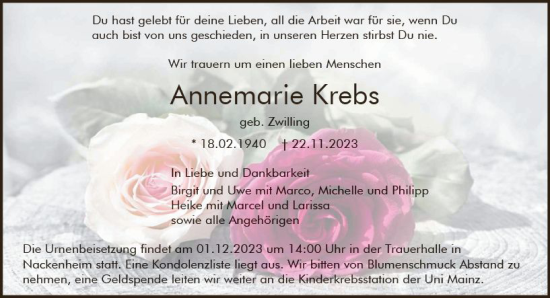 Traueranzeige von Annemarie Krebs von Allgemeine Zeitung Mainz