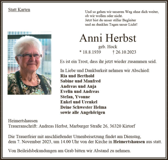 Traueranzeige von Anni Herbst von Oberhessen Kurier