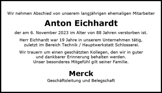 Traueranzeige von Anton Eichhardt von Darmstädter Echo