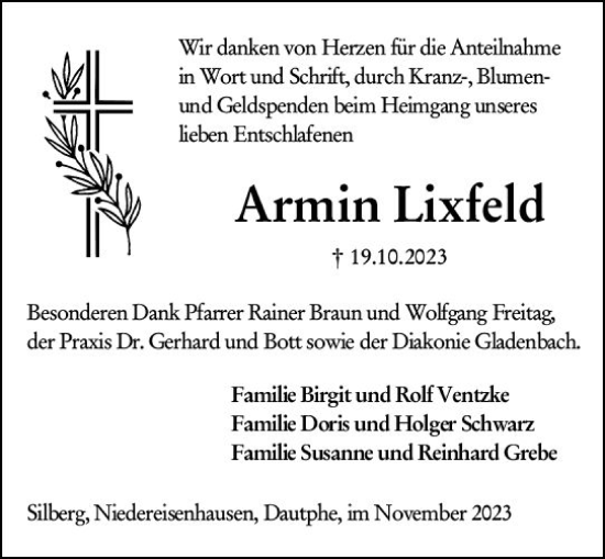 Traueranzeige von Armin Lixfeld von Hinterländer Anzeiger