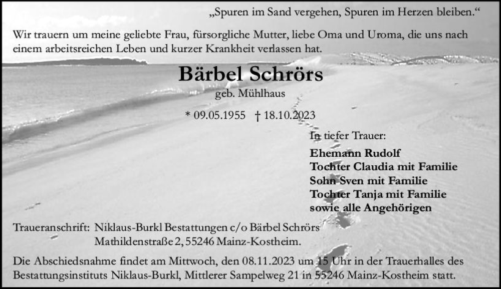 Traueranzeige für Bärbel Schrörs vom 04.11.2023 aus Allgemeine Zeitung Mainz