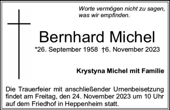 Traueranzeige von Bernhard Michel von Starkenburger Echo