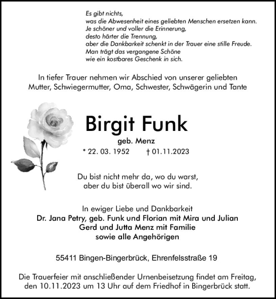 Traueranzeige von Birgit Funk von Allgemeine Zeitung Bingen/Ingelheim