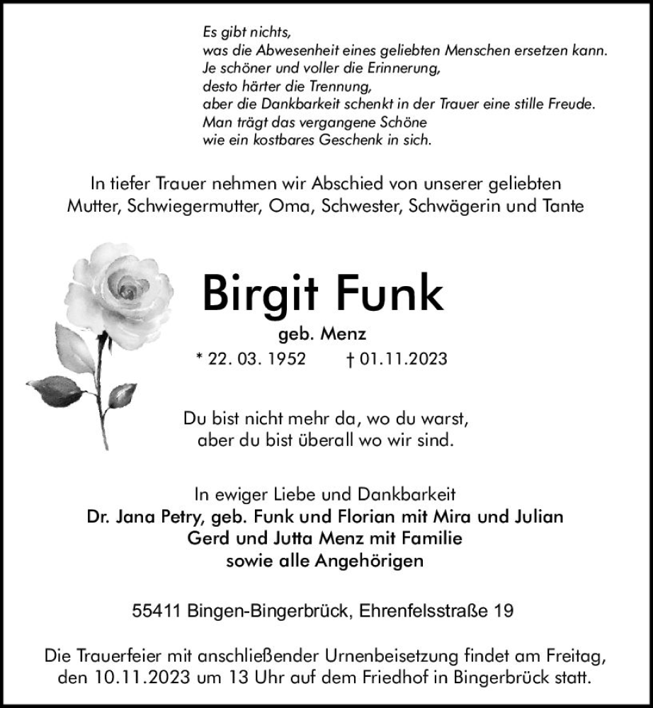  Traueranzeige für Birgit Funk vom 04.11.2023 aus Allgemeine Zeitung Bingen/Ingelheim