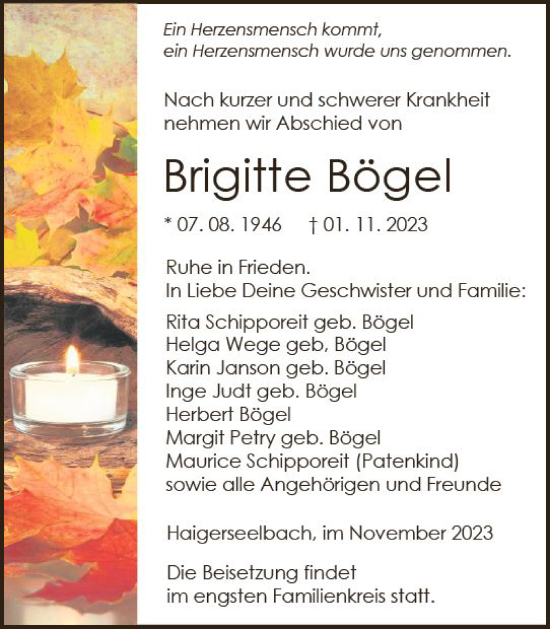 Traueranzeige von Brigitte Bögel von Dill Block