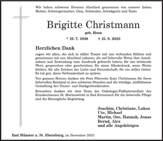 Traueranzeige von Brigitte Christmann von Allgemeine Zeitung Bad Kreuznach