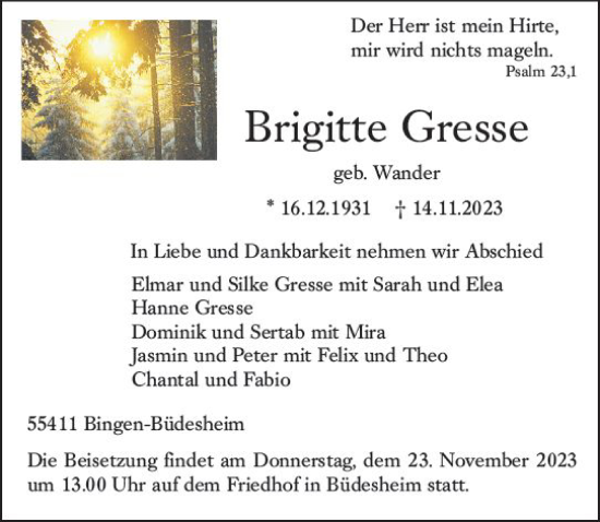 Traueranzeige von Brigitte Gresse von Allgemeine Zeitung Bingen/Ingelheim