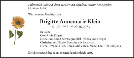 Traueranzeige von Brigitte Annemarie Klein von Dill Block