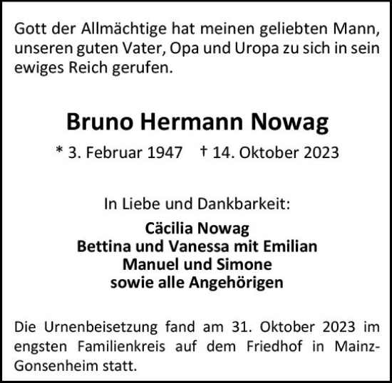 Traueranzeige von Bruno Hermann Nowag von Allgemeine Zeitung Mainz