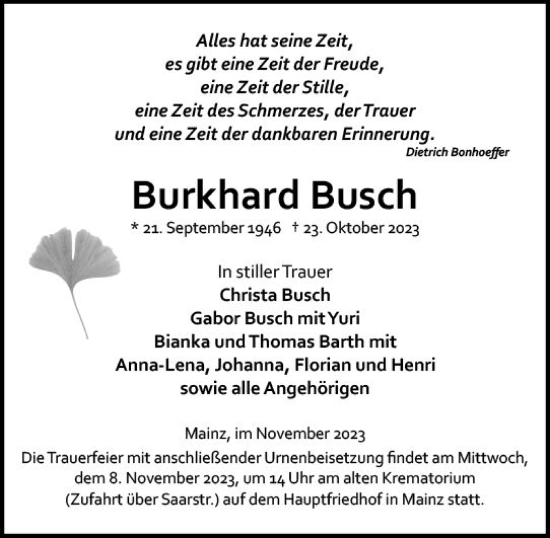 Traueranzeige von Burkhard Busch von Allgemeine Zeitung Mainz