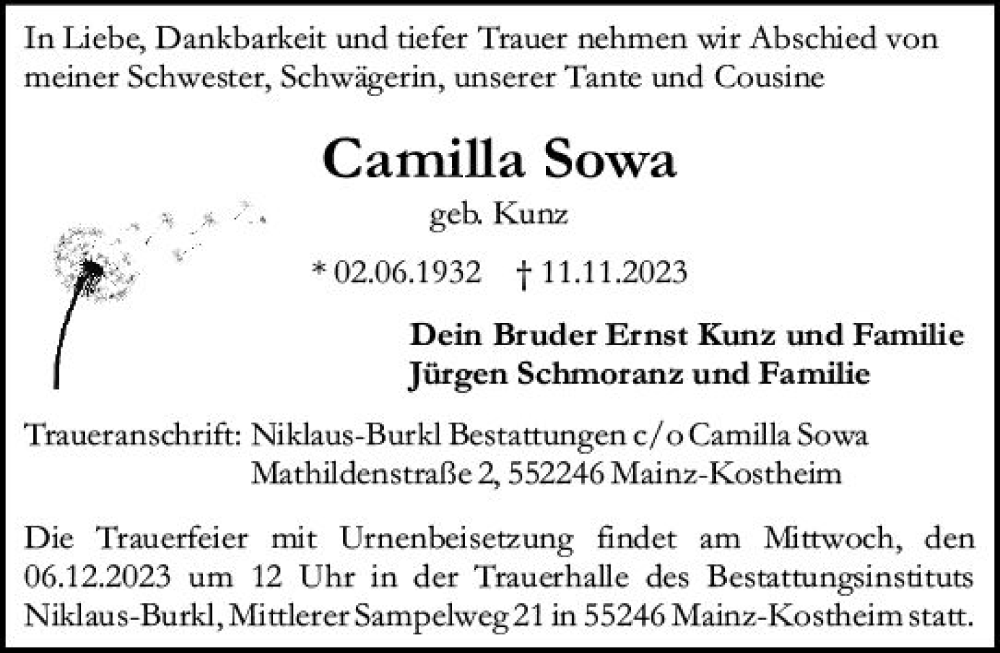  Traueranzeige für Camilla Sowa vom 25.11.2023 aus Wiesbadener Kurier