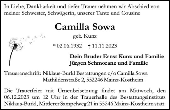 Traueranzeige von Camilla Sowa von Wiesbadener Kurier