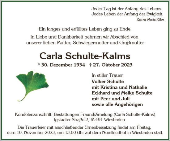 Traueranzeige von Carla Schulte-Kalms von Wiesbadener Kurier