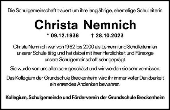 Traueranzeige von Christa Nemnich von Wiesbadener Kurier