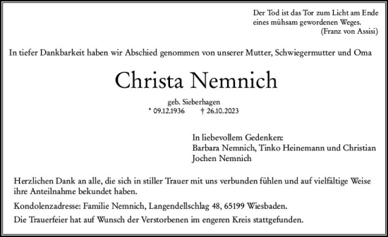 Traueranzeige von Christa Nemnich von Wiesbadener Kurier